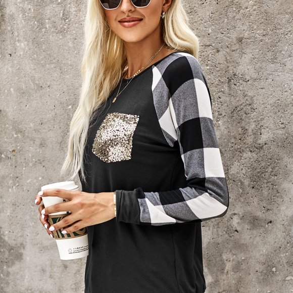 NEW! Black White Buffalo Check Sleeve Shirt Sequin - Picture 9 of 14